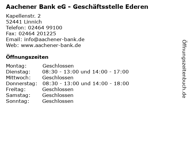 á… Offnungszeiten Aachener Bank Eg Geschaftsstelle Ederen Kapellenstr 2 In Linnich