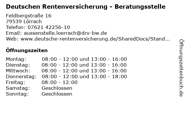 ᐅ Offnungszeiten Deutschen Rentenversicherung Beratungsstelle Feldbergstrasse 16 In Lorrach