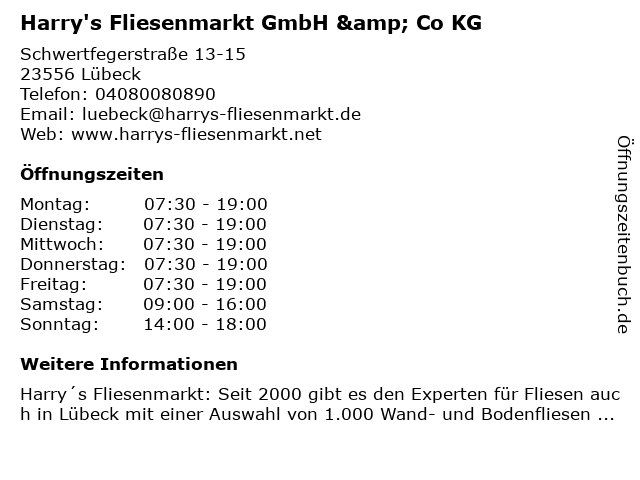 á… Offnungszeiten Harry S Fliesenmarkt Gmbh Co Kg Schwertfegerstrasse 13 15 In Lubeck