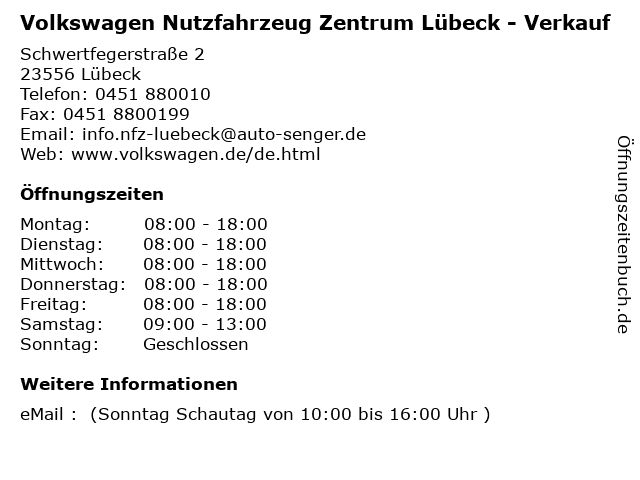 ᐅ Offnungszeiten Volkswagen Nutzfahrzeug Zentrum Lubeck Verkauf Schwertfegerstrasse 2 In Lubeck