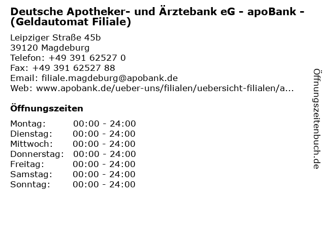 á… Offnungszeiten Deutsche Apotheker Und Arztebank Eg Apobank Geldautomat Filiale Leipziger Strasse 45b In Magdeburg