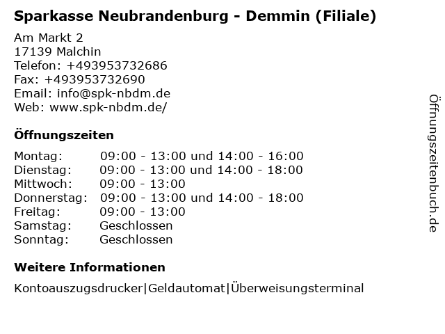 á… Offnungszeiten Sparkasse Neubrandenburg Demmin Filiale Malchin Am Markt 2 In Malchin