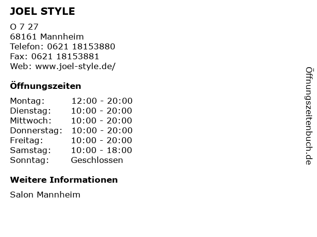 ᐅ Offnungszeiten Joel Style O 7 27 In Mannheim