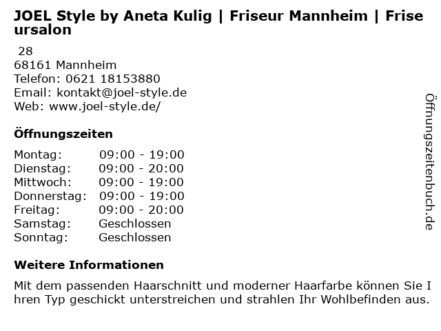 ᐅ Offnungszeiten Joel Style O7 28 In Mannheim