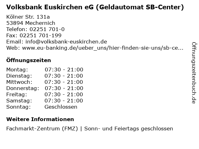 ᐅ Offnungszeiten Volksbank Euskirchen Eg Geldautomat Sb Center Kolner Str 131a In Mechernich