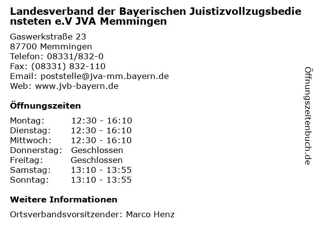 ᐅ Offnungszeiten Landesverband Der Bayerischen Juistizvollzugsbediensteten E V Jva Memmingen Gaswerkstrasse 23 In Memmingen