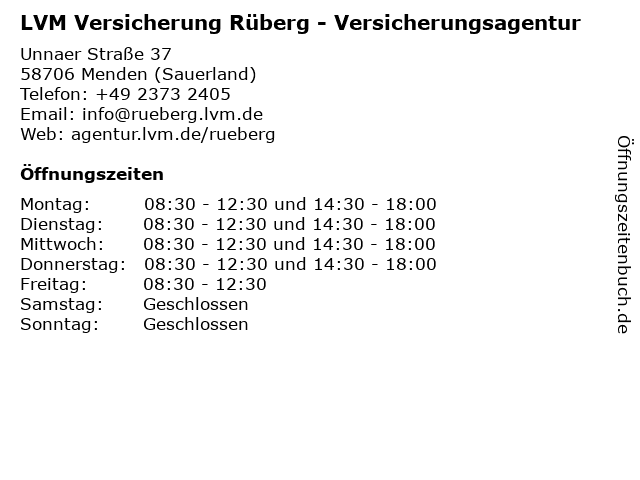 ᐅ Offnungszeiten Lvm Versicherung Ruberg Versicherungsagentur Unnaer Strasse 37 In Menden Sauerland