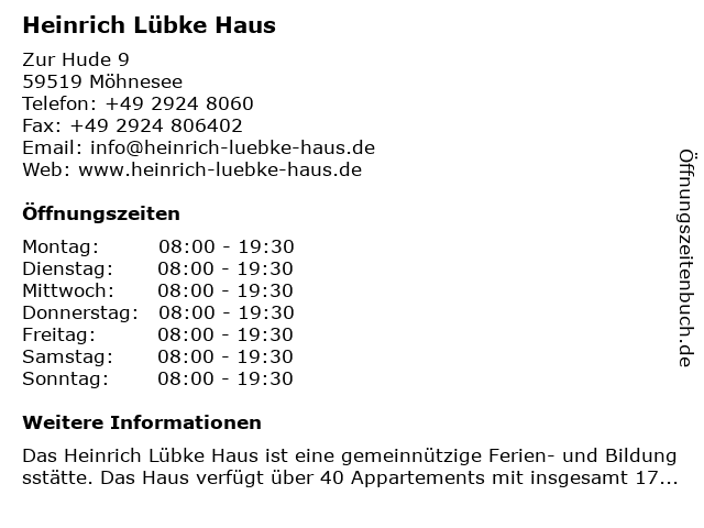 ᐅ Offnungszeiten Heinrich Lubke Haus Zur Hude 9 In Mohnesee