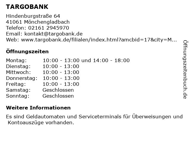 ᐅ Offnungszeiten Targobank Hindenburgstrasse 64 In Monchengladbach