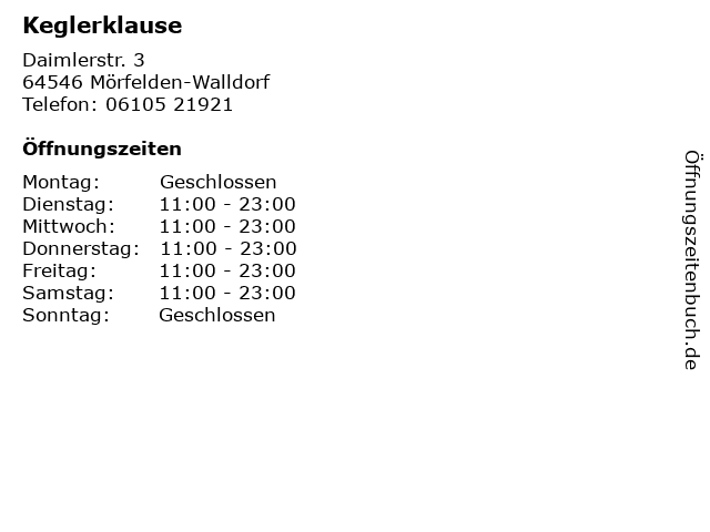 ᐅ Öffnungszeiten „Keglerklause“ | Daimlerstr. 3 in Mörfelden-Walldorf