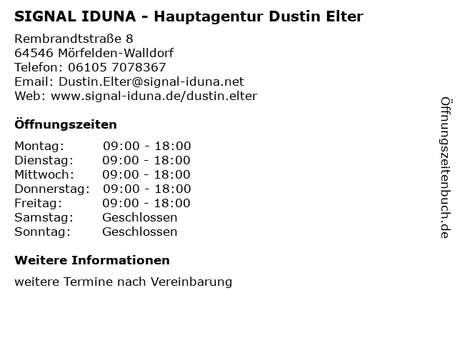 ᐅ Offnungszeiten Signal Iduna Hauptagentur Dustin Elter Rembrandtstrasse 8 In Morfelden Walldorf