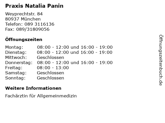 ᐅ Offnungszeiten Praxis Natalia Panin Weyprechtstr 84 In Munchen