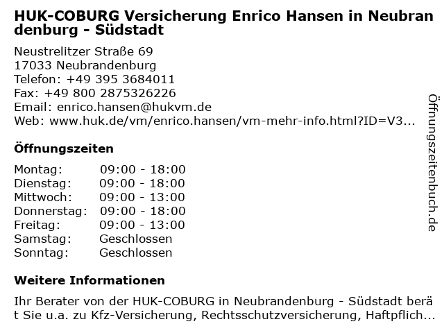 ᐅ Offnungszeiten Huk Coburg Versicherung Heike Hansen In Neubrandenburg Katharinenviertel Ziegelbergstr In Neubrandenburg