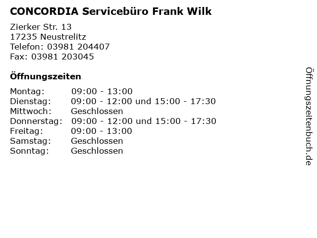 ᐅ Offnungszeiten Concordia Serviceburo Frank Wilk Zierker Str 13 In Neustrelitz