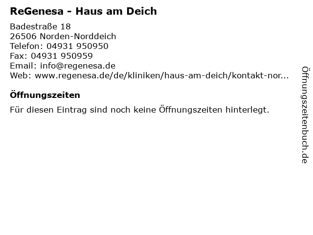 ᐅ Offnungszeiten Regenesa Haus Am Deich Badestrasse 18 In