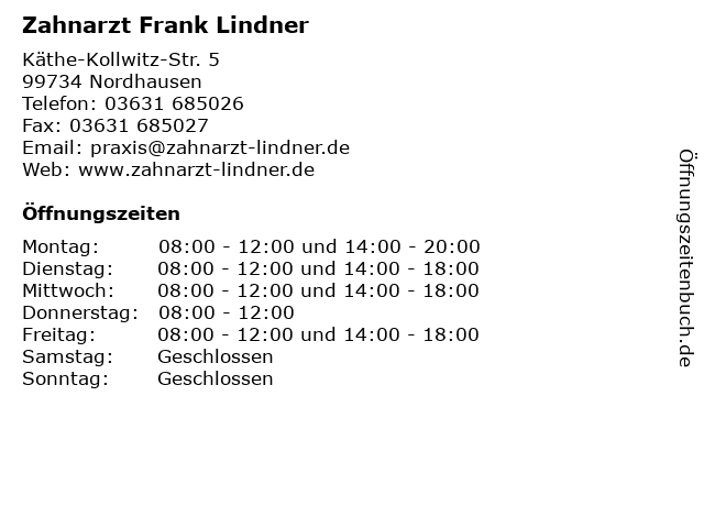 ᐅ Offnungszeiten Zahnarzt Frank Lindner Kathe Kollwitz Str 5 In Nordhausen