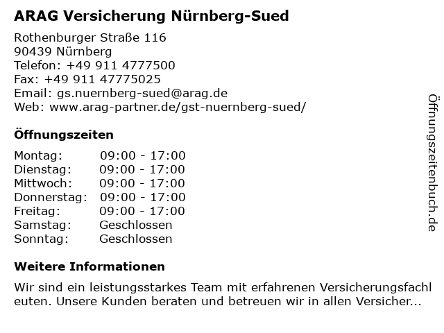 ᐅ Offnungszeiten Arag Versicherung Nurnberg Sued Rothenburger Strasse 116 In Nurnberg