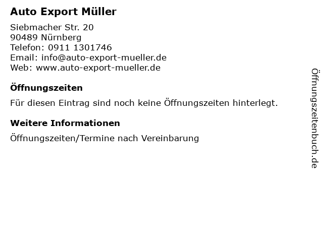 ᐅ Offnungszeiten Auto Export Muller Siebmacher Str In Nurnberg