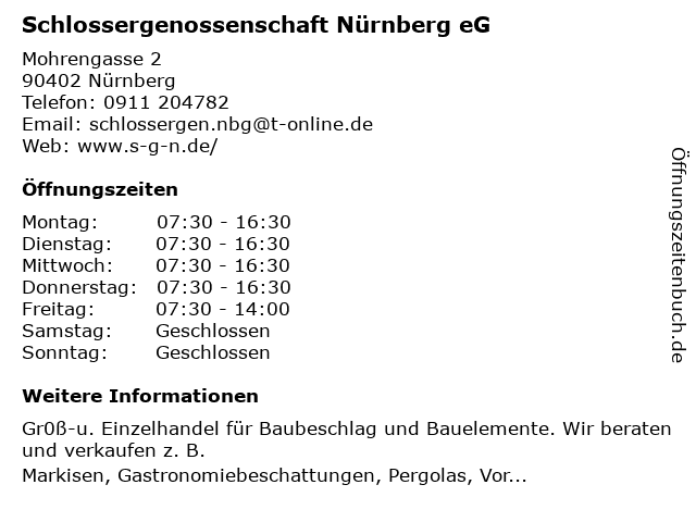 á… Offnungszeiten Schlossergenossenschaft Nurnberg Eg Mohrengasse 2 In Nurnberg