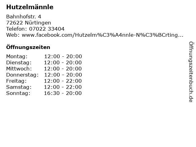 ᐅ Öffnungszeiten „Hutzelmännle“ | Bahnhofstr. 4 in Nürtingen