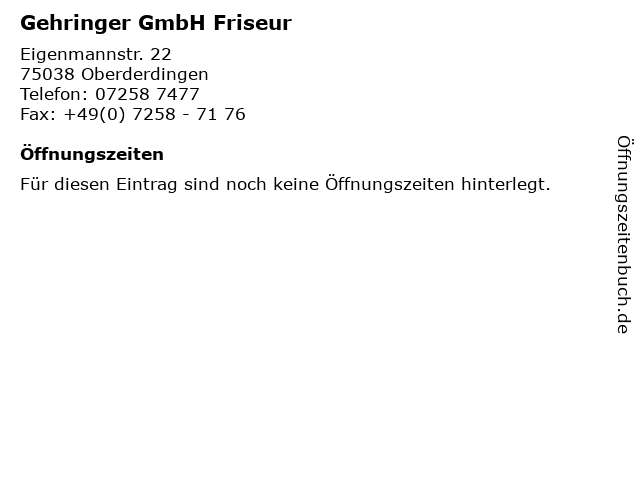 ᐅ Offnungszeiten Gehringer Gmbh Friseur Eigenmannstr 22 In Oberderdingen