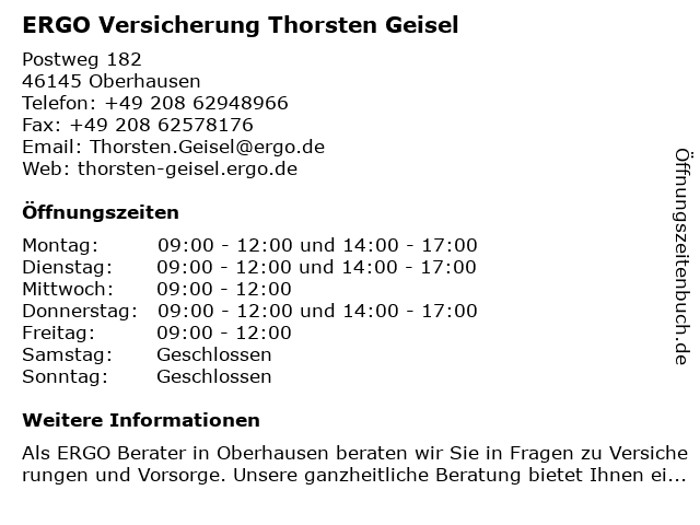 ᐅ Offnungszeiten Ergo Versicherung Thorsten Geisel Postweg 182 In Oberhausen