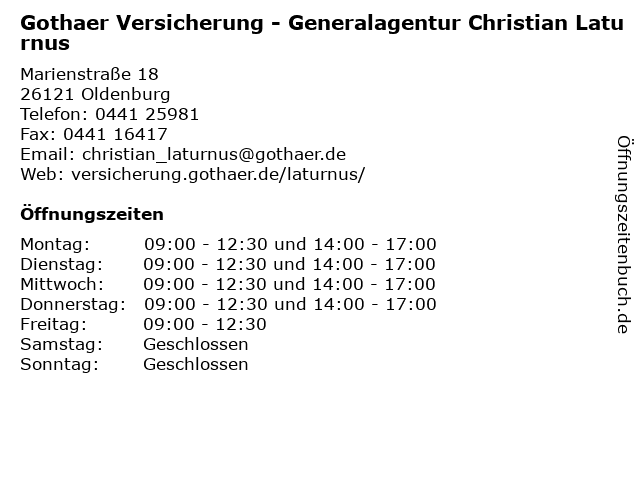 ᐅ Offnungszeiten Gothaer Versicherung Generalagentur Christian Laturnus Marienstrasse 18 In Oldenburg