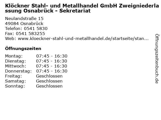 ᐅ Offnungszeiten Klockner Stahl Und Metallhandel Gmbh Zweigniederlassung Osnabruck Sekretariat Neulandstrasse 15 In Osnabruck