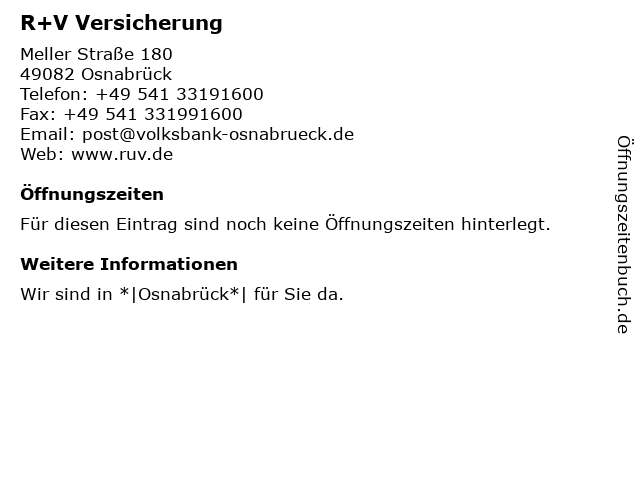 ᐅ Offnungszeiten R V Versicherung Meller Strasse 180 In Osnabruck