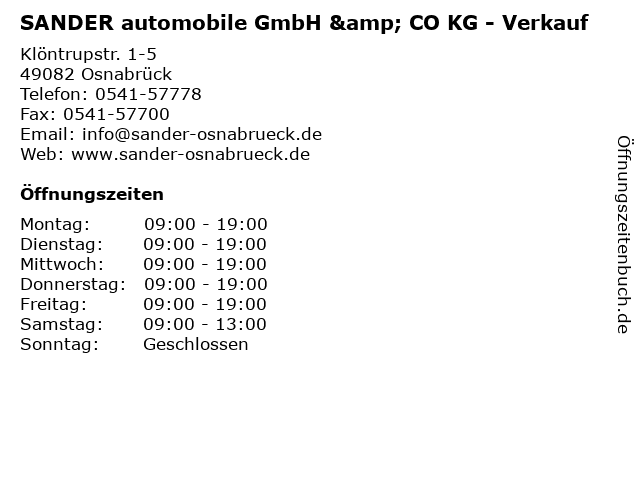 ᐅ Offnungszeiten Sander Automobile Gmbh Co Kg Verkauf Klontrupstr 1 5 In Osnabruck