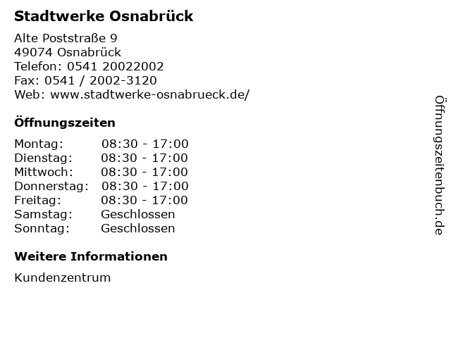 ᐅ Offnungszeiten Stadtwerke Osnabruck Alte Poststrasse 9 In Osnabruck