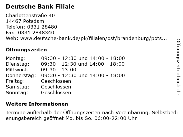 á… Offnungszeiten Deutsche Bank Filiale Charlottenstrasse 40 In Potsdam