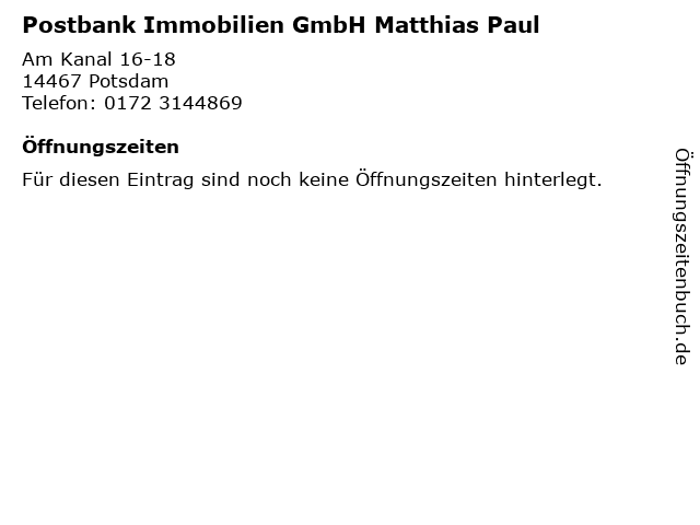 ᐅ Offnungszeiten Postbank Immobilien Gmbh Matthias Paul Am Kanal 16 18 In Potsdam