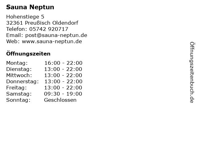 ᐅ Öffnungszeiten „Sauna Neptun“ | Hohenstiege 5 in Preußisch Oldendorf