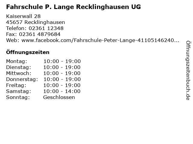 ᐅ Offnungszeiten Fahrschule P Lange Recklinghausen Ug Kaiserwall 28 In Recklinghausen