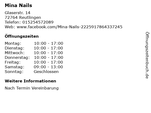 á… Offnungszeiten Mina Nails Glaserstr 14 In Reutlingen