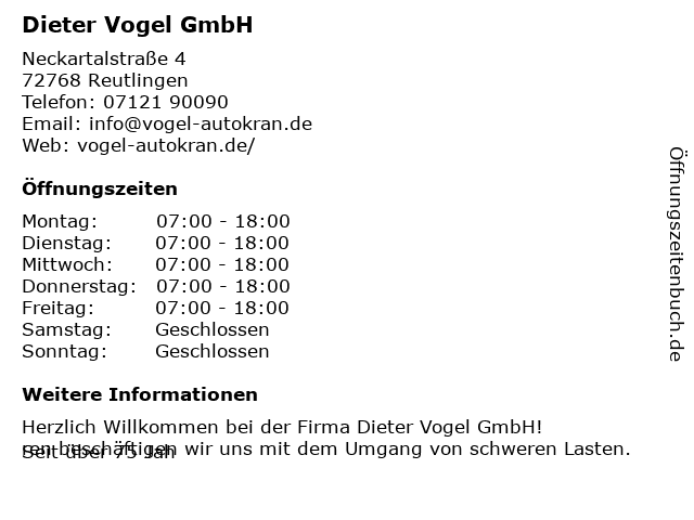 ᐅ Offnungszeiten Vogel Dieter Gmbh Autokranverleih Neckartalstr 4 In Reutlingen