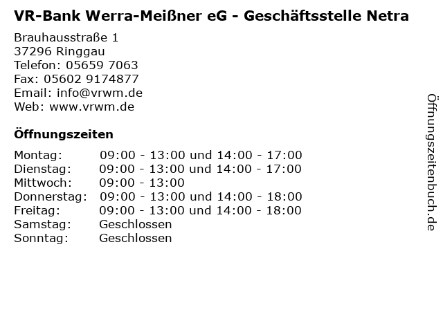 á… Offnungszeiten Vr Bank Werra Meissner Eg Geschaftsstelle Netra Brauhausstrasse 1 In Ringgau