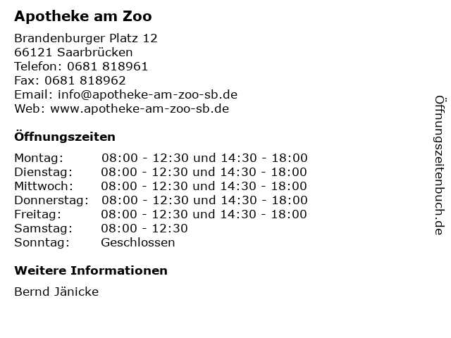 ᐅ Offnungszeiten Apotheke Am Zoo Brandenburger Platz 12 In