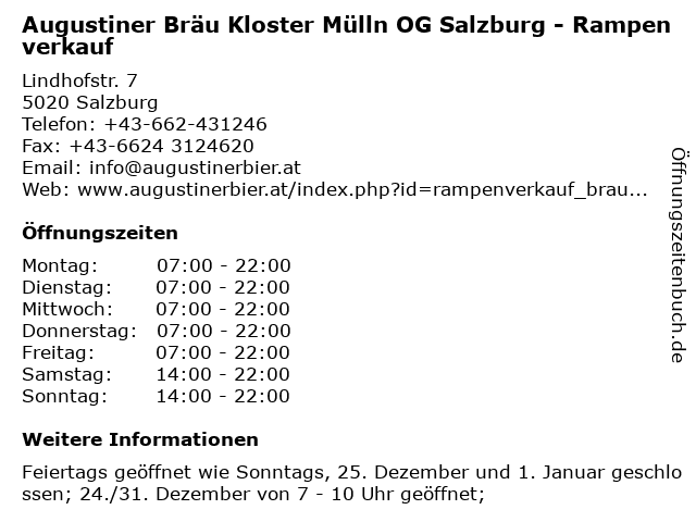 ᐅ Offnungszeiten Augustiner Brau Kloster Mulln Og Salzburg Rampenverkauf Lindhofstr 7 In Salzburg