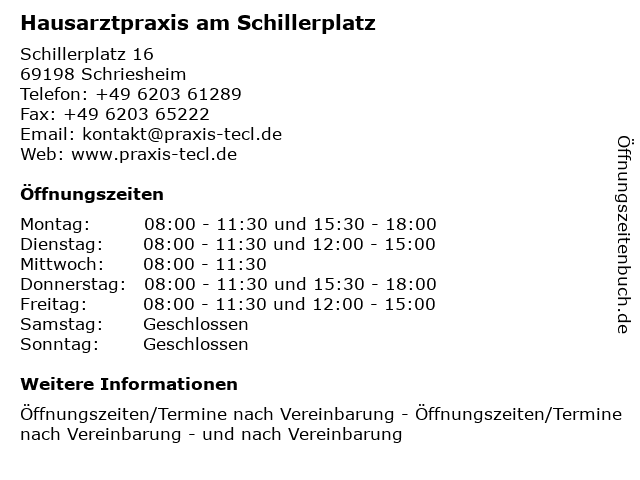 ᐅ Offnungszeiten Hausarztpraxis Am Schillerplatz