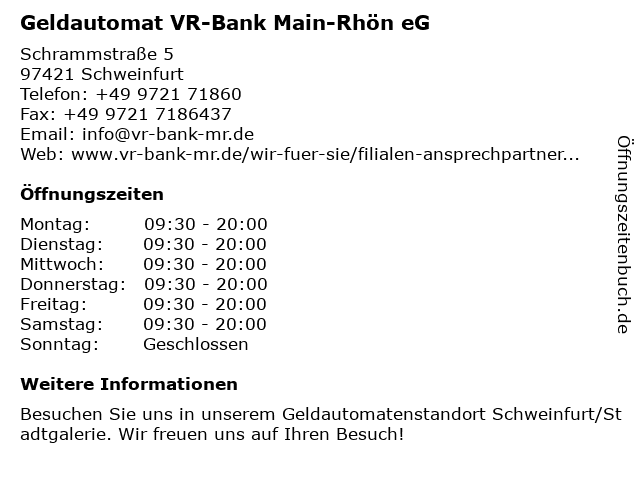 á… Offnungszeiten Vr Bank Schweinfurt Eg Geldautomat In Der Stadtgalerie Schweinfurt Schrammstrasse 5 In Schweinfurt