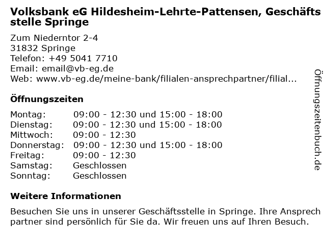 á… Offnungszeiten Volksbank Eg Hildesheim Lehrte Pattensen Betreuungsgeschaftsstelle Springe Zum Niederntor 2 4 In Springe