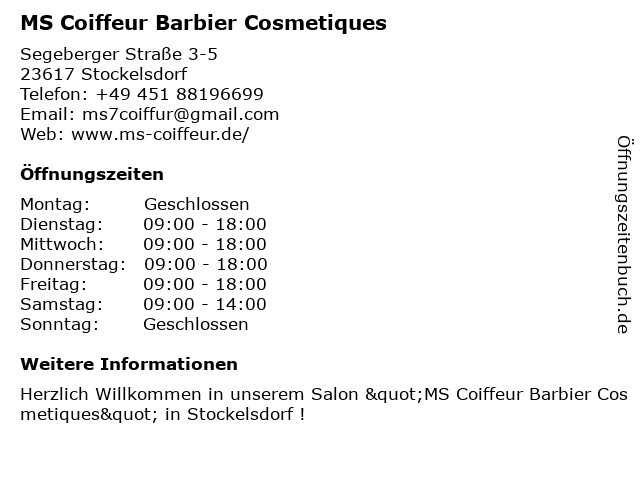 ᐅ Offnungszeiten Ms Coiffeur Babier Cosmetiques Segeberger Strasse 3 5 In Stockelsdorf