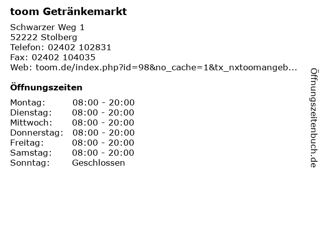 ᐅ Offnungszeiten Toom Getrankemarkt Schwarzer Weg 1 In Stolberg