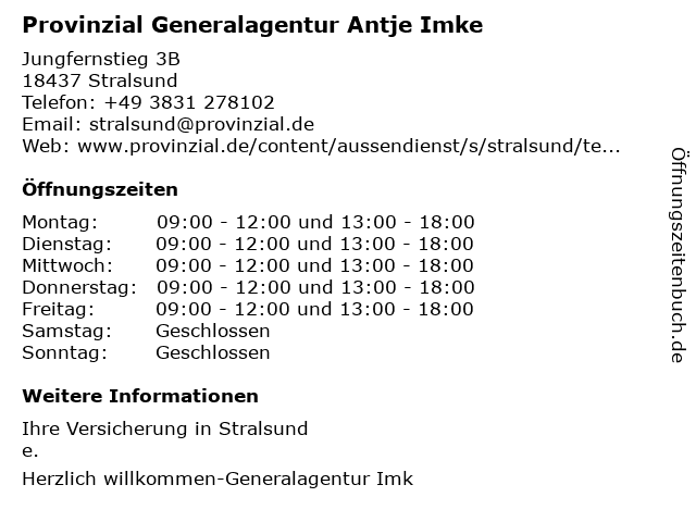 ᐅ Offnungszeiten Provinzial Generalagentur Antje Imke Jungfernstieg 3b In Stralsund