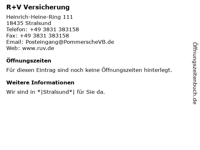 ᐅ Offnungszeiten R V Versicherung Heinrich Heine Ring 111 In Stralsund