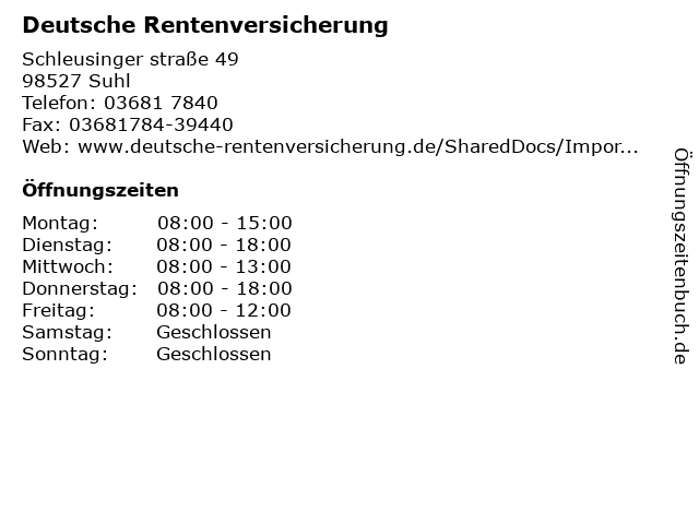 ᐅ Offnungszeiten Deutsche Rentenversicherung Schleusinger Strasse 49 In Suhl