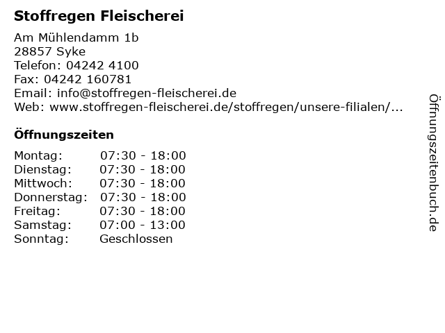 ᐅ Öffnungszeiten „Stoffregen Fleischerei" | Am Mühlendamm ...