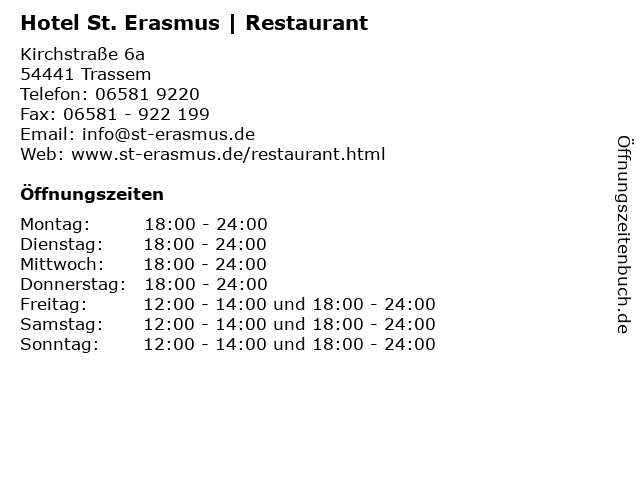 ᐅ Öffnungszeiten „Hotel St. Erasmus | Restaurant“ | Kirchstraße 6a in